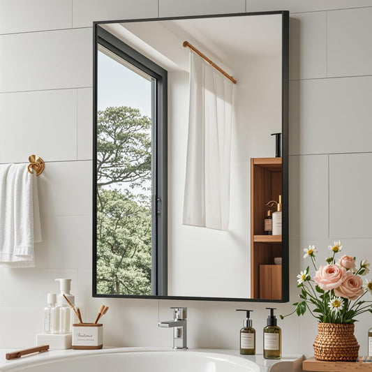 Black Bathroom Mirror, 22"x30" Rectangle Mirror, Matte Black Mirror, Metal Frame Square Corner Vanity Mirror, Wall Mounted Mirror for Modern, Living Room, Bedroom, Horizontal Or Vertical