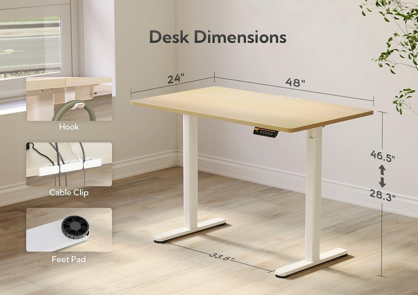 Claiks Electric Standing Desk, Adjustable Height Stand up Desk, 48x24 Inches Sit Stand Home Office Desk with Splice Board, White Frame/Nature Top