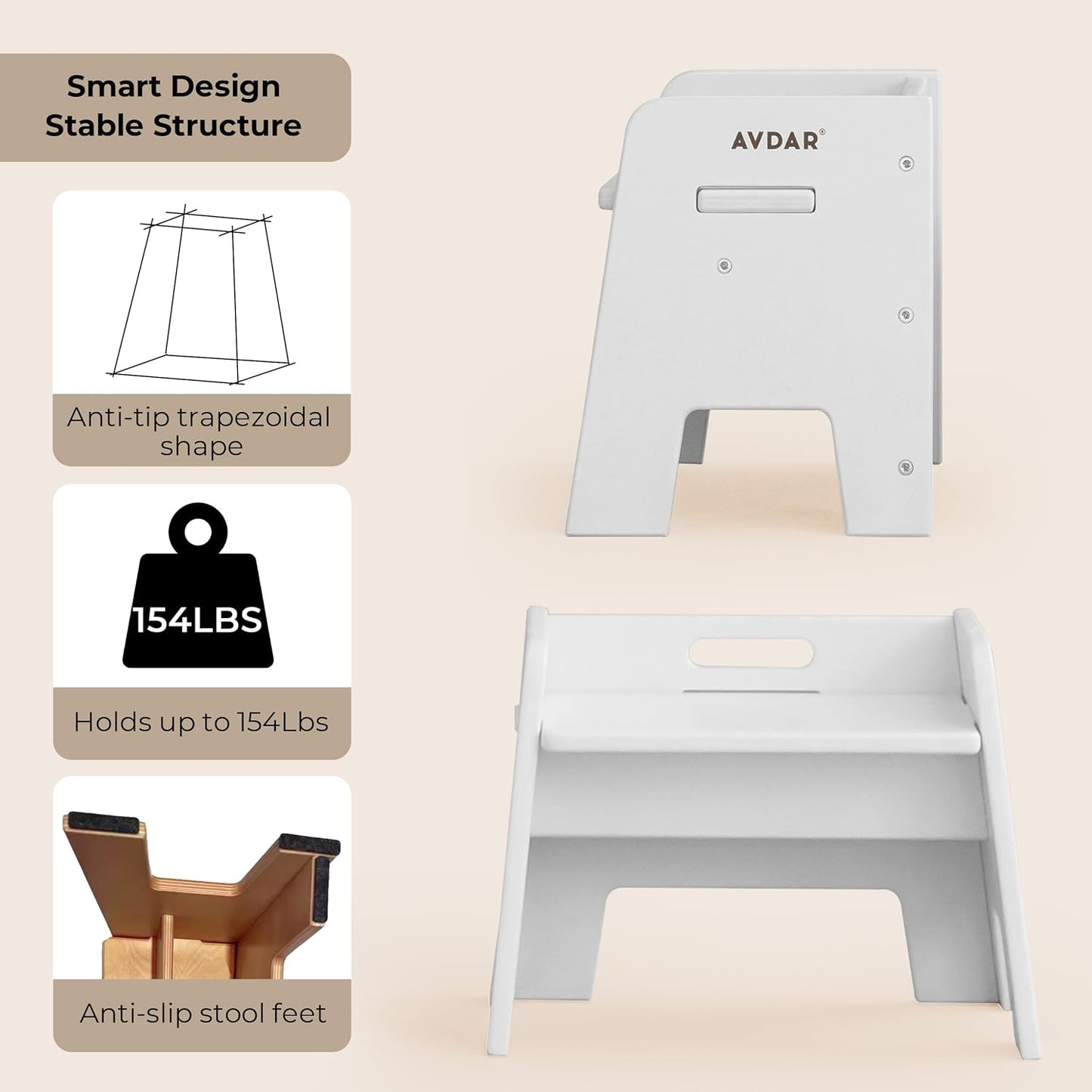 Wooden Step Stool for Kids, 14” One Step Stool for Toddlers, Heavy Duty Non-tip Non-Slip for Bedroom/Kitchen