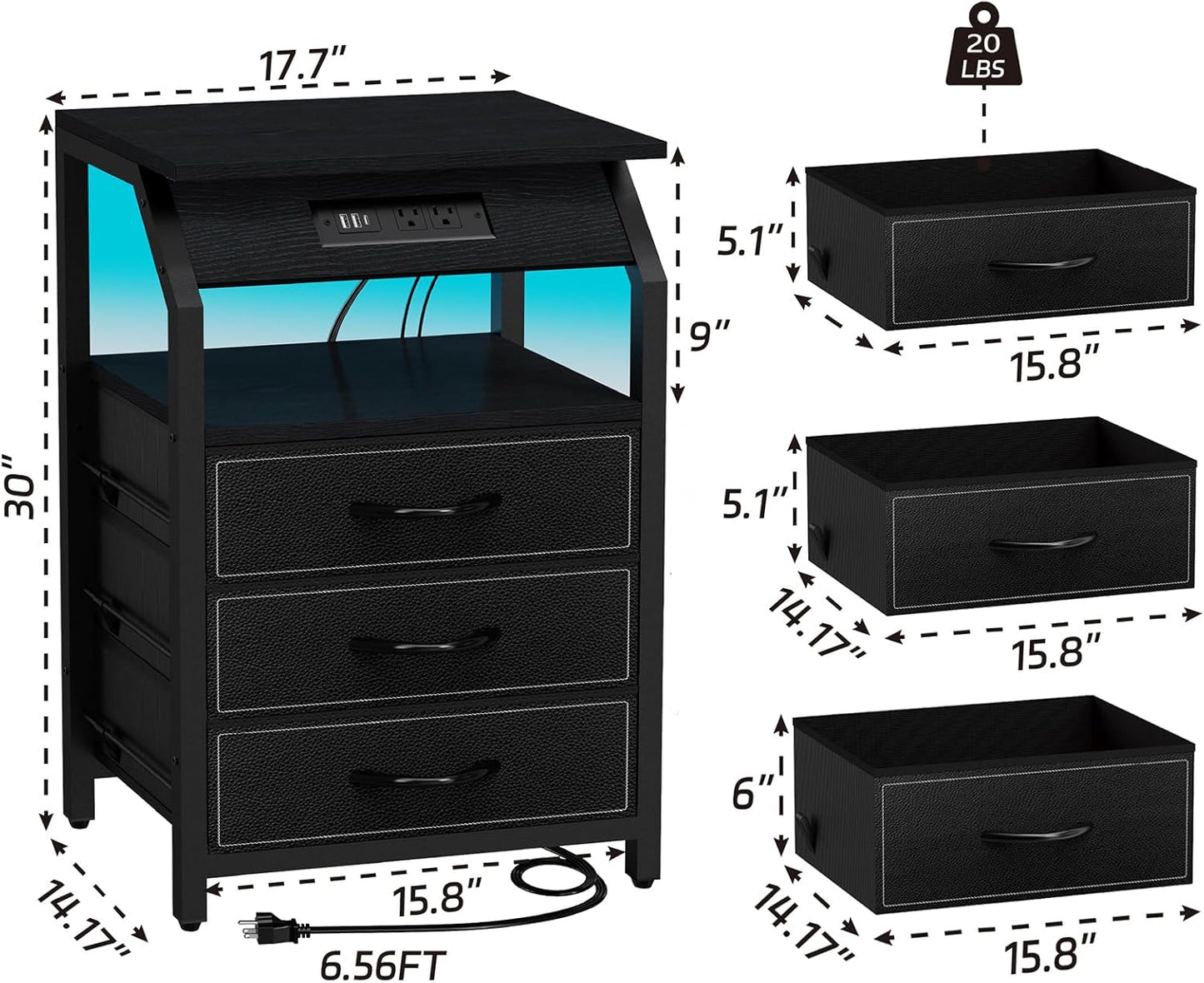 End Tables Set of 2, Nightstands with Charging Station and LED Lights, 3 Drawers Fabric Dressers, Storage Side Tables for Bedside, Living Room, Modern Black
