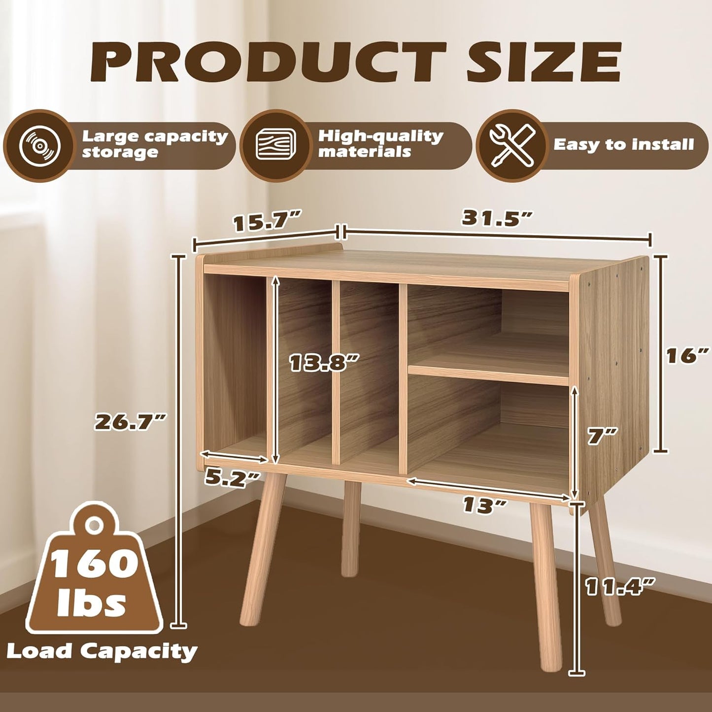 Record Player Stand with Vinyl Storage, Wooden Record Player Table with 5 Cabinet, Large Vinyl Record Player Stand, Record Player Holder, Record Player Shelf for Office Living Room, Oak