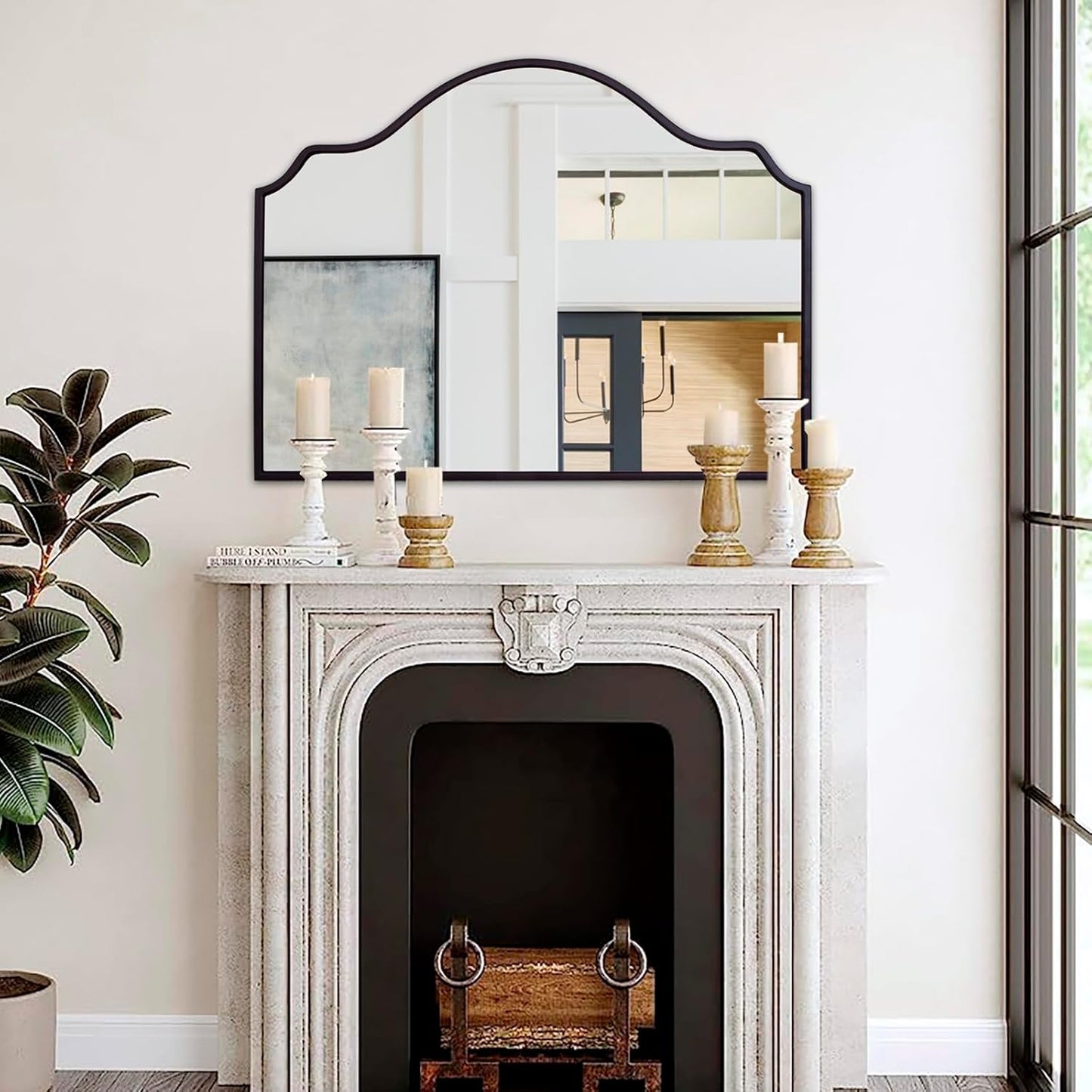 Chende Black Wall Mirror, Antique Arched Mirror for Fireplace Decor with Wooden Frame, 40'' x 28'' Elegant Scalloped Mirror for Living Room, Dining Room, Entryway