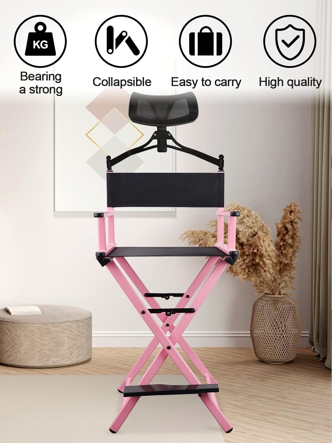 Lorvain Folable Makeup Artist Stool Chair, Protable Tall Folding Directors Chair, Aluminum Makeup Chair with Head Rest for Studio Salon Vanity, Bar Height - Pink Chair