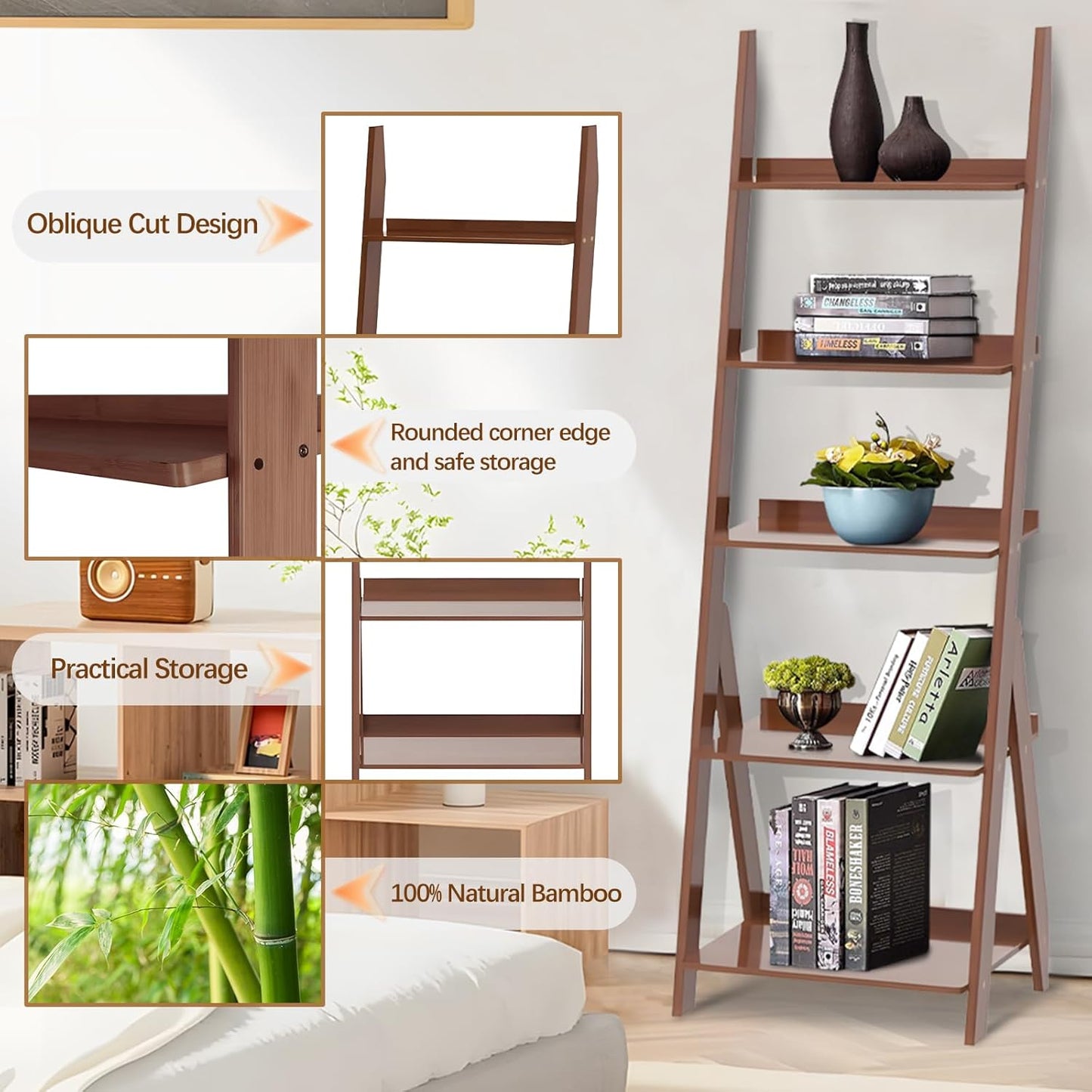 DOUSY-5-Tier Ladder Shelf Bookcase, Bamboo Ladder Bookshelf Leaning Book Shelf, Freestanding Storage Shelf Boho for Living Room, Home Office, Bedroom, Balcony, Walnut