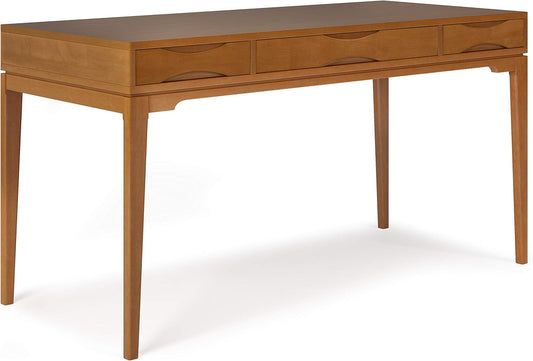 SIMPLIHOME Harper Desk - 60-Inch Wide Solid Hardwood Writing Desk in Light Golden Brown, Mid-Century Modern Home Office Computer Table for Study with 2 Drawers and Flip-Down Keyboard Tray