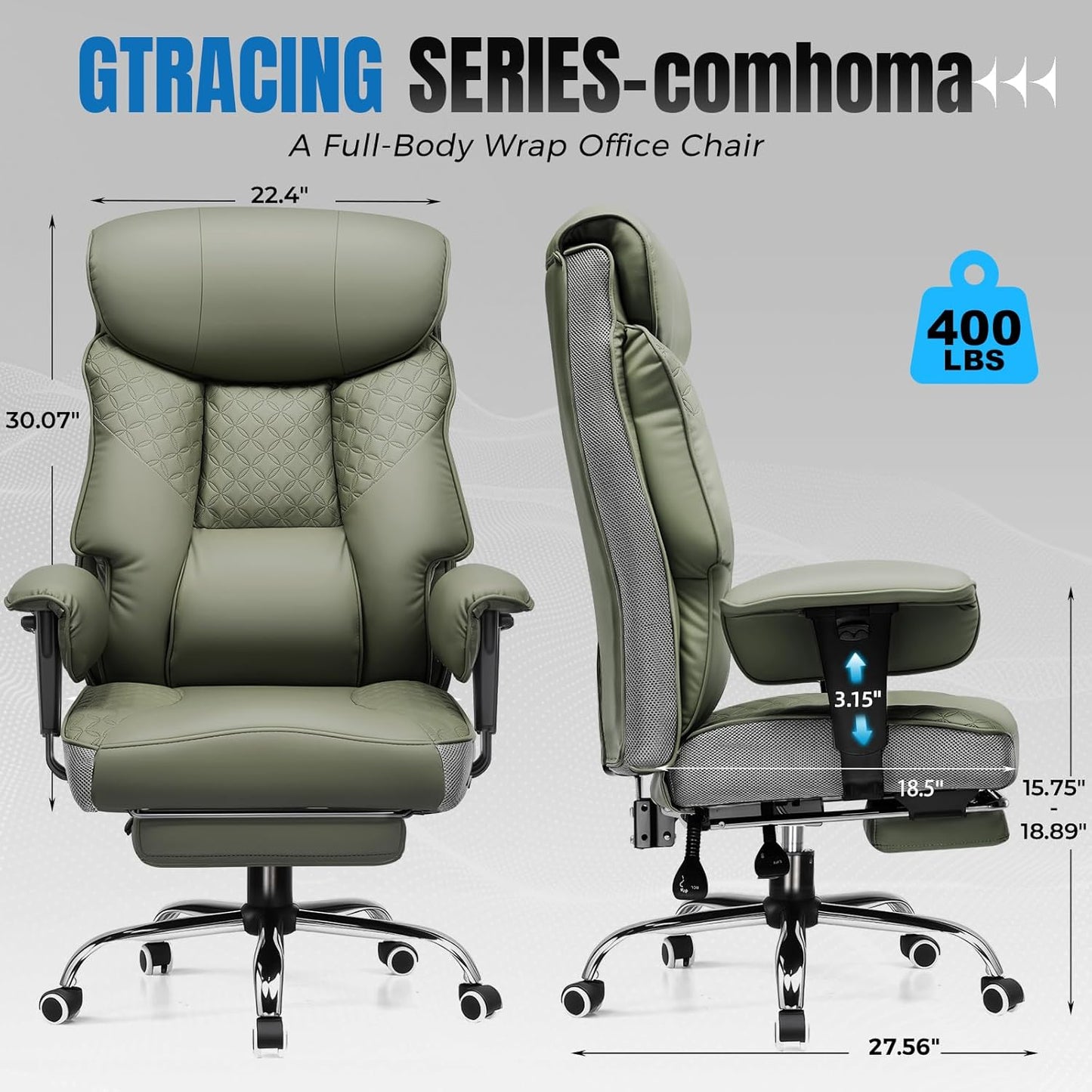 GTRACING Big and Tall Office Chair 400LBS Wide Ergonomic Gaming Chair with Deluxe Embossing Designed Leather with Foot Rest,150°Reclining Adjustable Soft Armrests Pocket Spring Back Support and Pillow