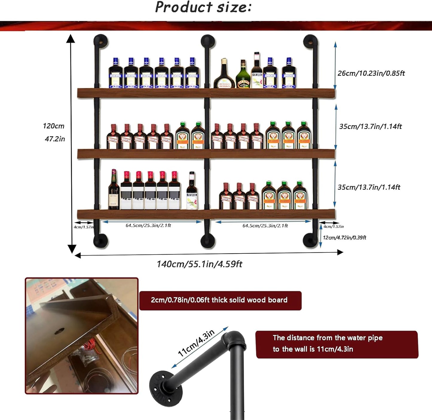 55.1in Large Wine Rack with LED Light Solid Wood Wall Mounted Wine Rack, 3-Tiers Liquor Bottles Floating Shelves Display Storage Organizer for Home Bar & Dining Room (140cm/55.1in)