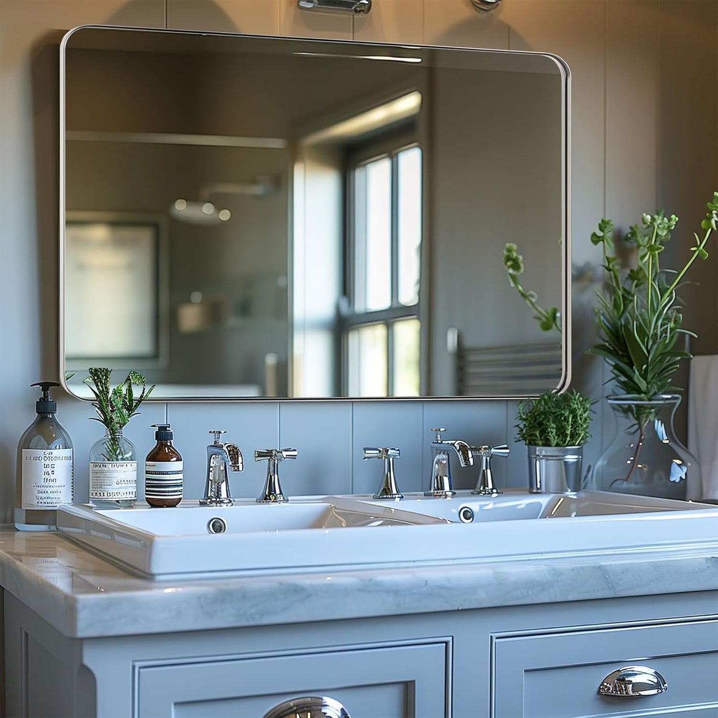 ANDY STAR 30"x48"Chrome Bathroom Mirror, Large Wall Mirror for Bathroom, Rounded Rectangle Mirror in Premium Stainless Steel Metal Frame Hangs Horizontal Or Vertical