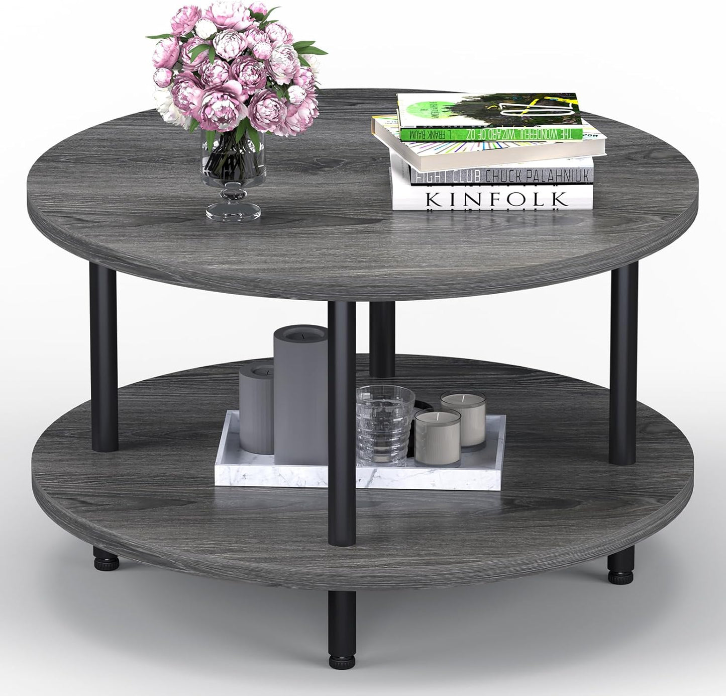 Coffee Table, 2 Tier Coffee Tables for Living Room, Round Coffee Table with Storage, Floor Table for Bedroom, Home Office, Grey (23.6" D x 18.1" H)