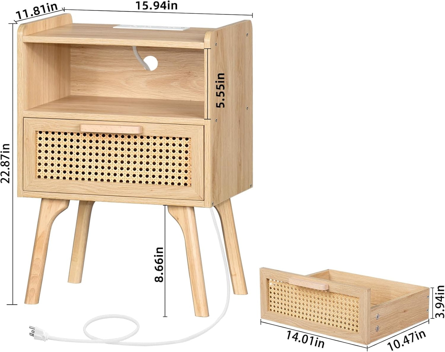 Lerliuo Rattan Nightstands Set of 2 with Charging Station, Boho Side Table with Drawer Open Shelf, Cane Accent Bedside End Table with Solid Wood Legs for Bedroom, Dorm and Small Spaces (Natural)