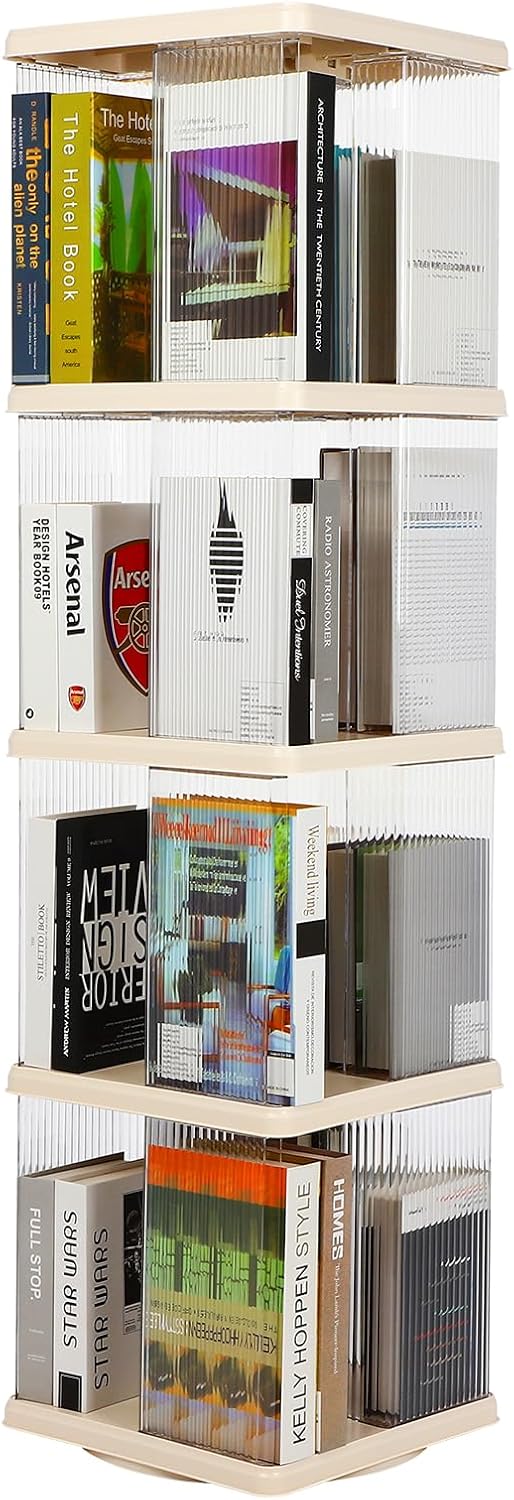 FAHKNS 4 Tier Rotating Bookshelf,360°Display Floor Standing Bookcase,Book Shelf for Small Space Revolving Bookcase for Office Bedroom Living Room,Rectangular