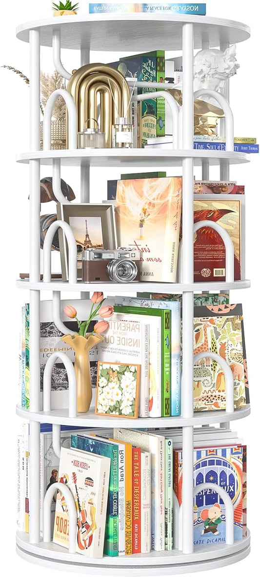 Aheaplus 4 Tier Rotating Bookshelf Tower, 360 Display Spinning Bookcase, Revolving Round Book Shelf Narrow Swivel Bookshelf, Vertical Turning Spiral Corner Book Organizer for Small Space, White