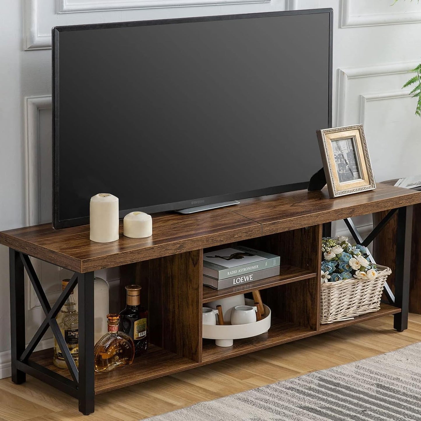 GAZHOME TV Stand for TV up to 65 Inches, TV Cabinet with Open Storage, TV Console Unit with Shelving for Living Room, Entertainment Room, Rustic Brown
