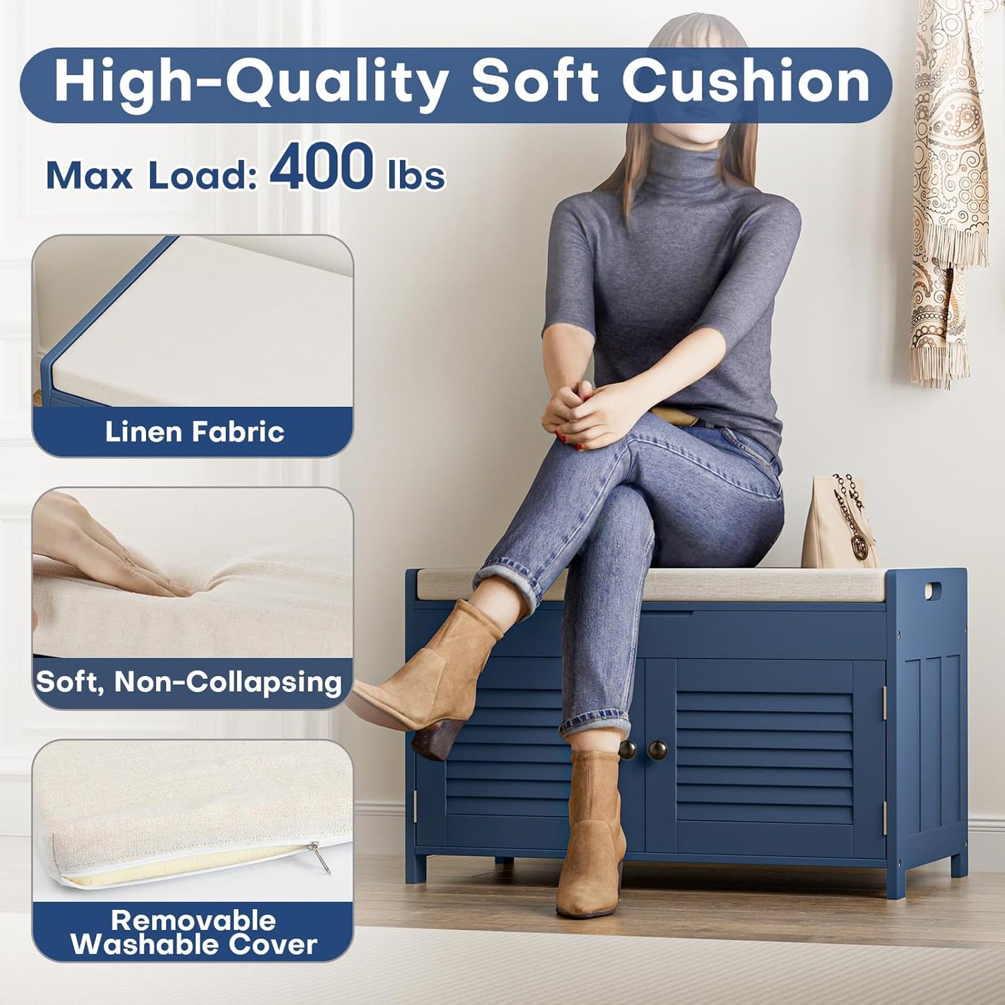 Shoe Storage Bench with Lift Top Storage, Entryway Bench with Cushioned Seat, Adjustable Shelf, 2 Tier Shoe Rack with Doors for Entryway, Bedroom, Hallway, Mudroom, Blue