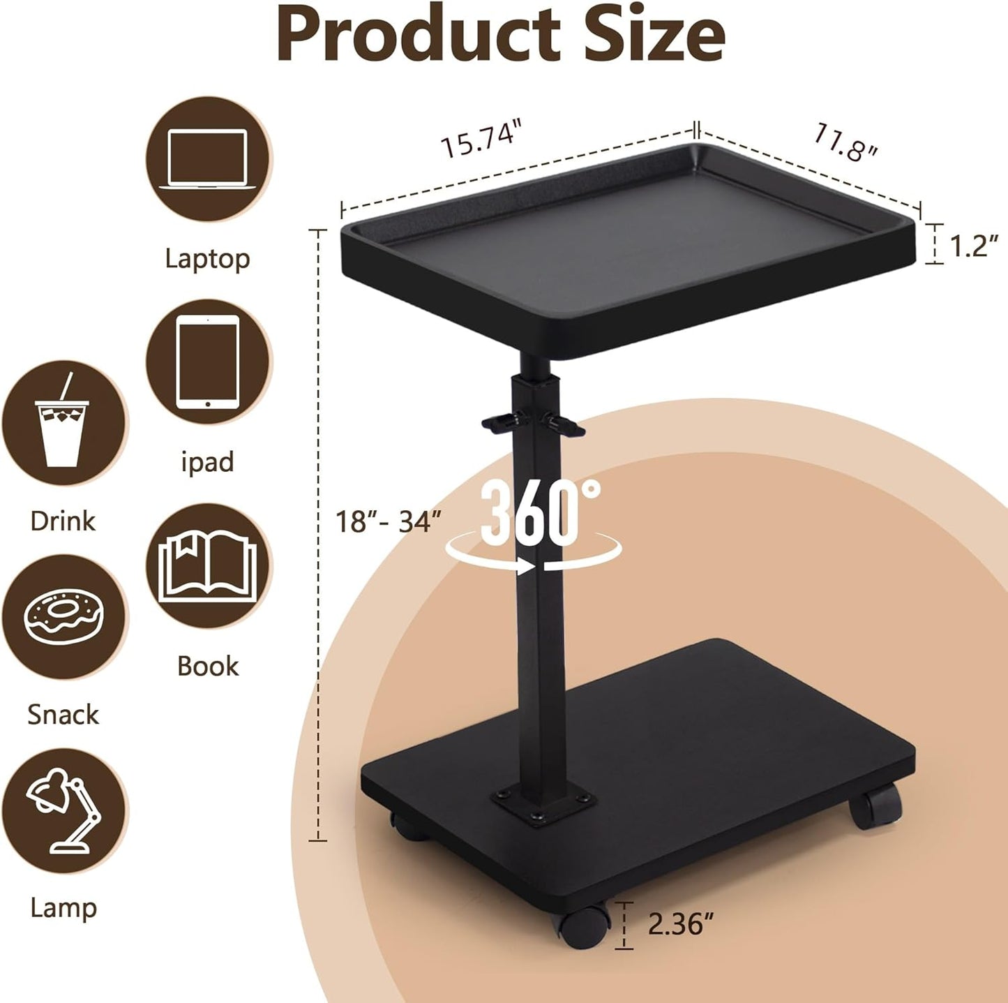 Aoligrace C Shaped End Table Adjustable Height, 360° Swivel Side Table with Wheels, Small TV Tray C Table for Living Room Bedroom, Couch Tables That Slide Under for Sofa Bed Chair