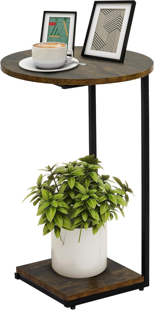 HDANI C Table End Table,Round Side Table That Slide Under,C Shaped End Table for Couch,Small Table for Living Room, Bedroom,Rustic Brown