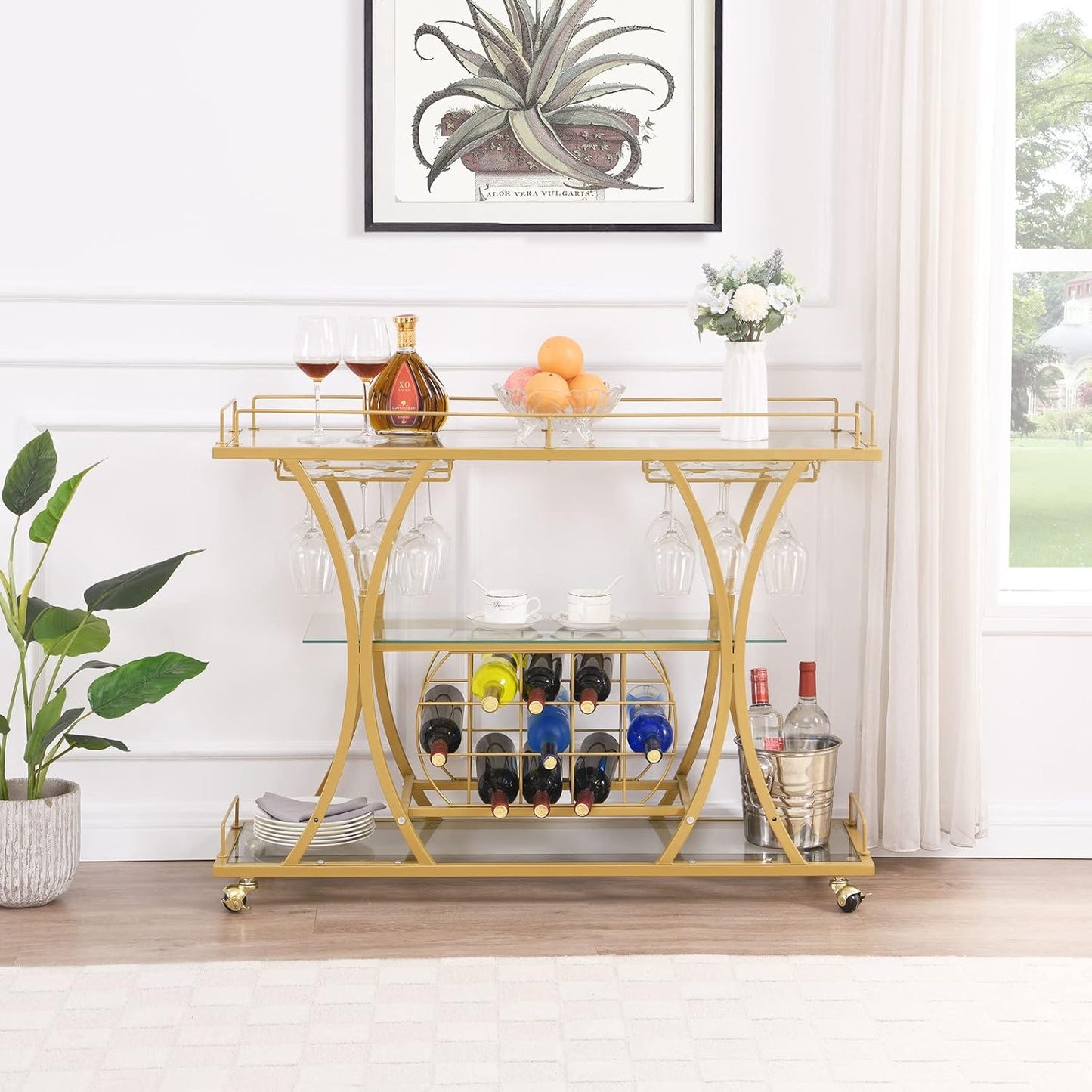 Gold Bar Carts with Glass Holders & Wine Rack,3 Tier Home Bar Serving Carts with Glass Shelves,Metal Rolling Bar Carts for The Home Kitchen, Party