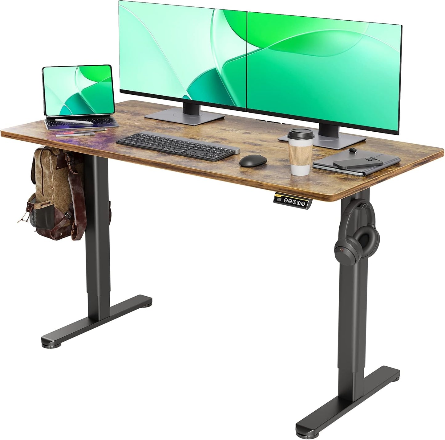 Claiks Electric Standing Desk, Adjustable Height Stand up Desk, 55x24 Inches Sit Stand Home Office Desk with Splice Board, Black Frame/Rustic Brown Top