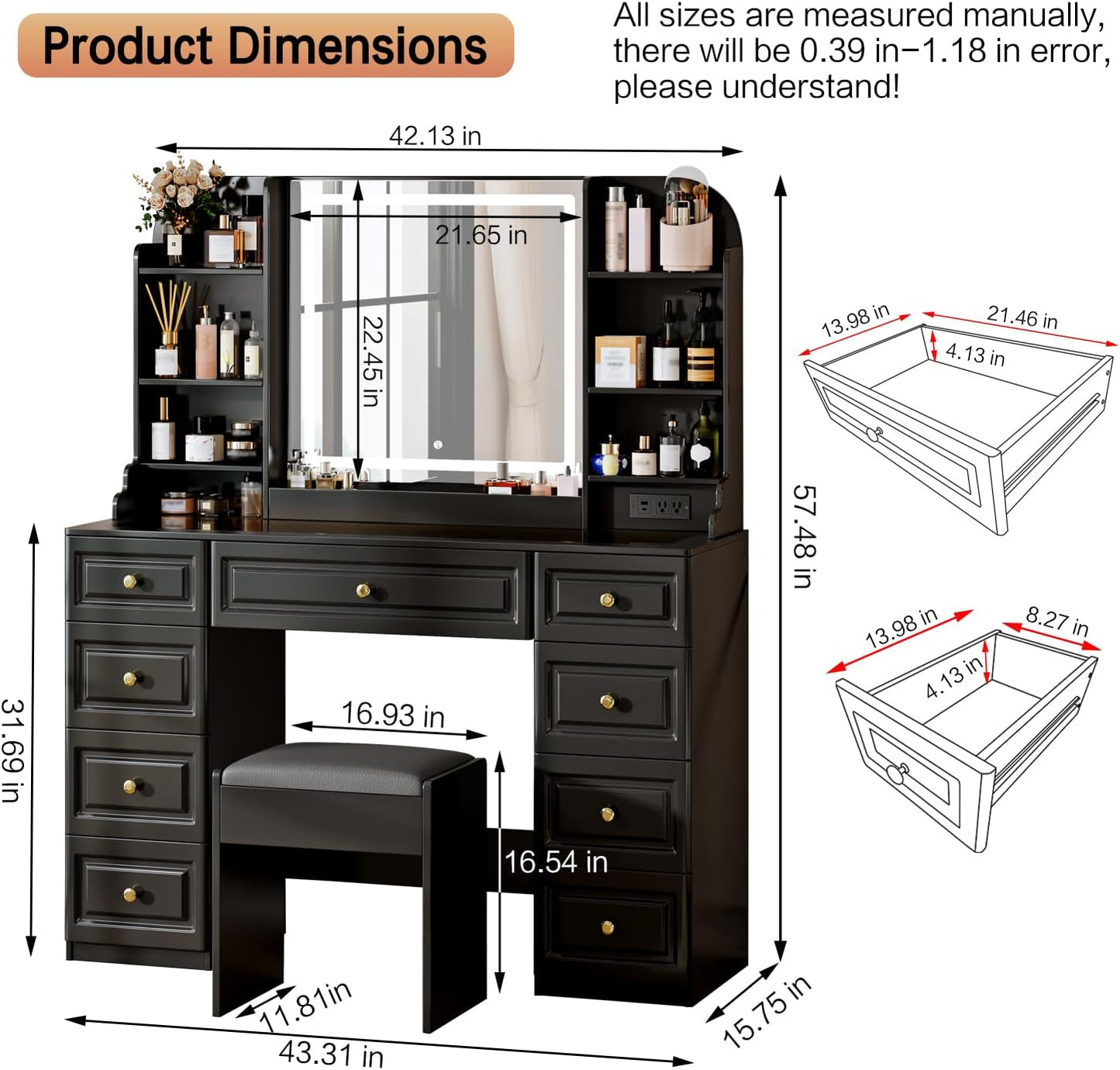 42" Makeup Vanity Desk with Mirror and Lights, & Power Outl, Glass Top Big Vanity Table with 9 Drawers& 8 Storage Shelves, Dressing Table Set with Chair for Bedroom, Black