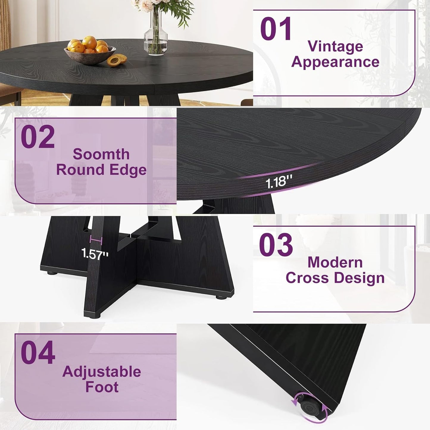 Round Dining Table for 4, 47" Wooden Kitchen Dinner Table Rustic, Farmhouse Table for Dining Room, Living Room, Black