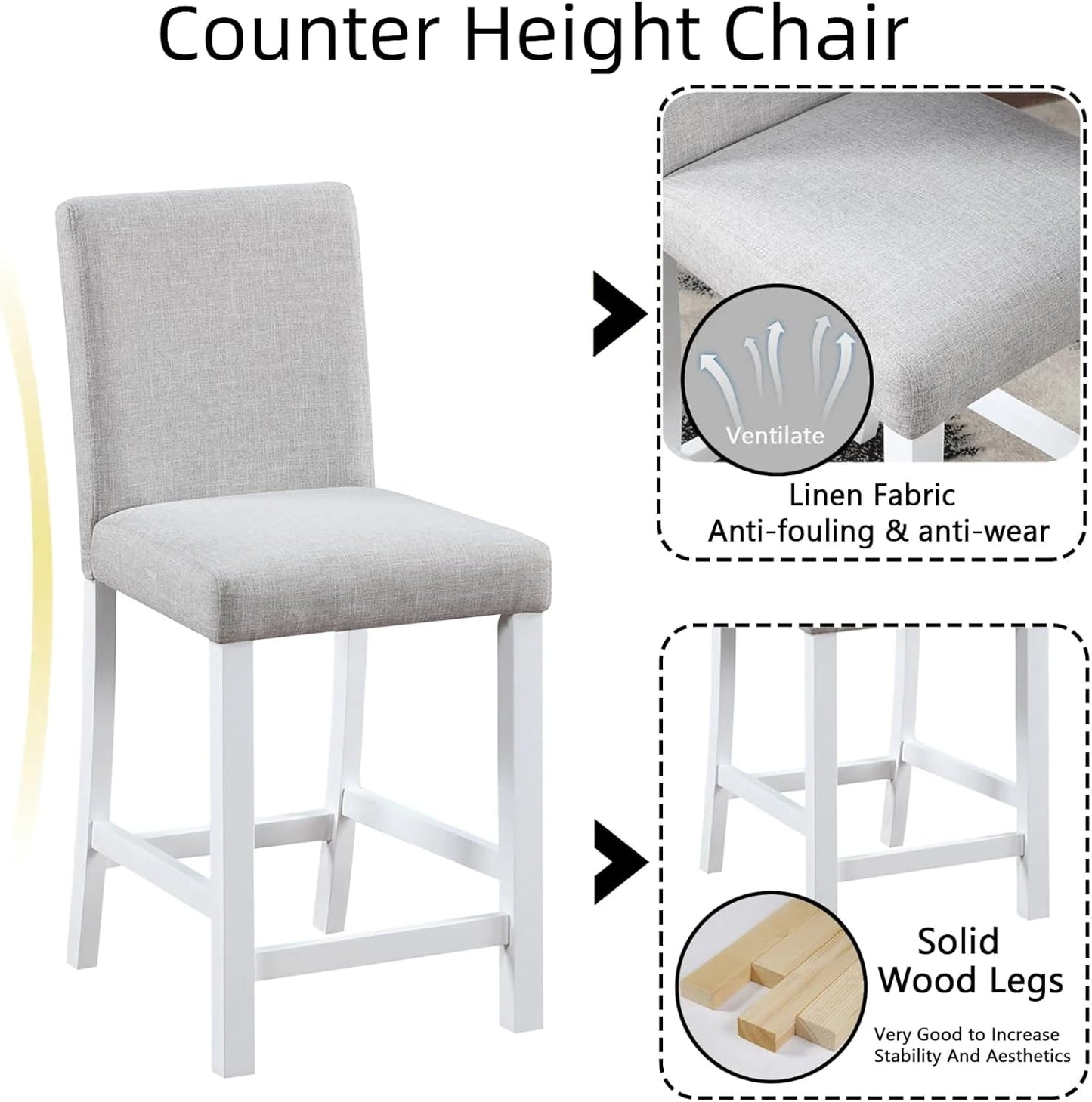 Dining Table Set for 4, 5-Piece Dining Room Table Set with Square Crystal Decoration Table & 4 Upholstered Backrest Chairs, Counter Height Kitchen Sets with Wood Grain & Footrest, White