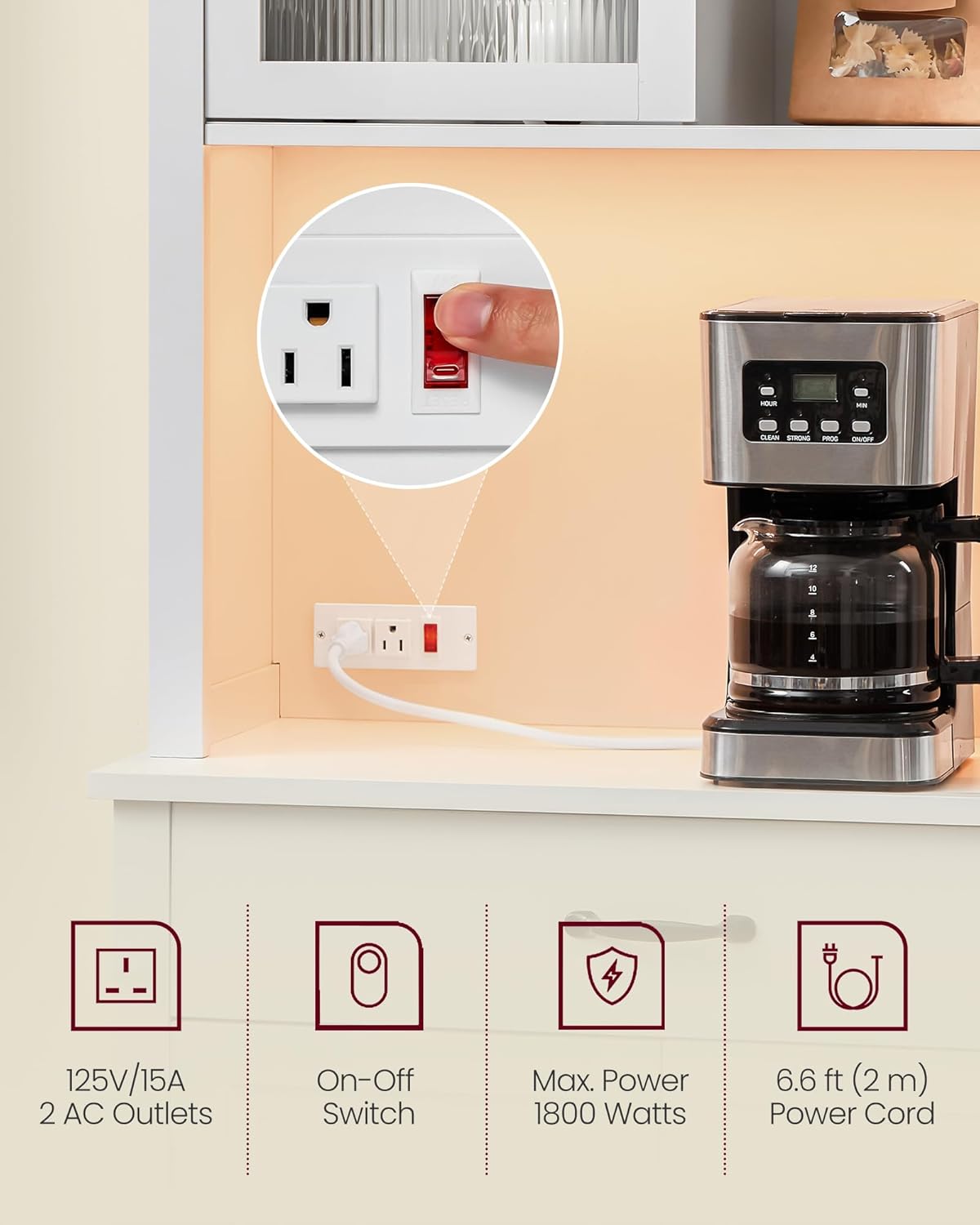 VASAGLE 71" Kitchen Pantry Cabinet with Lights and Charging Station, Coffee Bar Cabinet with Doors and Drawer, Farmhouse Style, Adjustable Shelves, Cloud White UBBK363W11