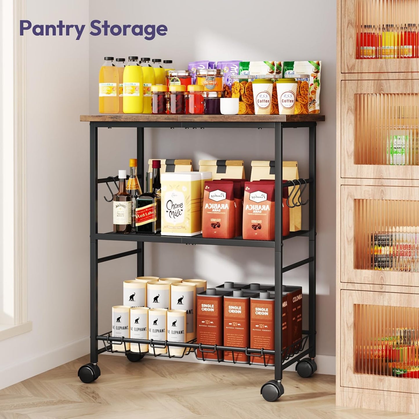 SWTYMIKI Rolling Kitchen Microwave Cart - 3 Tier Microwave Table Stand with Storage Basket and Hooks, Kitchen Utility Cart on Wheels, Coffee Cart Shelf Rack Organizer for Living Room Office, Balcony