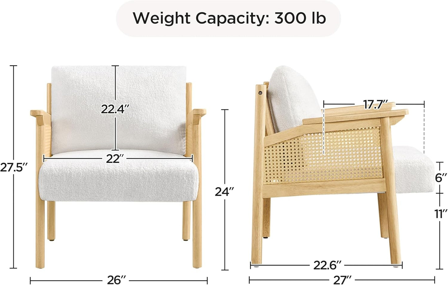 Yaheetech Accent Chair, Boucle Vanity Chair with Rattan Back Arms, Mid Century Chair Upholstered Living Room Chair Lounge Chair Bedroom Balcony White