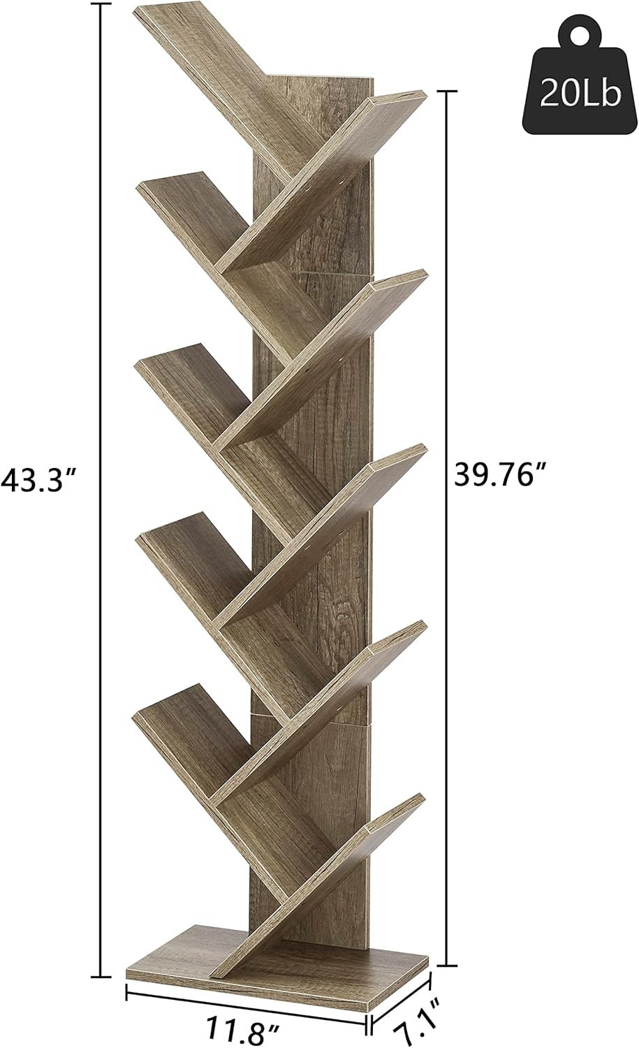 Hoctieon 10 Tier Tree Bookshelf, 10 Shelf Bookcase, Free Standing Tree Bookcase, Display Floor Standing Shelf for Books, Book Organizer Shelves for Home Office, Living Room, Bedroom, Greige