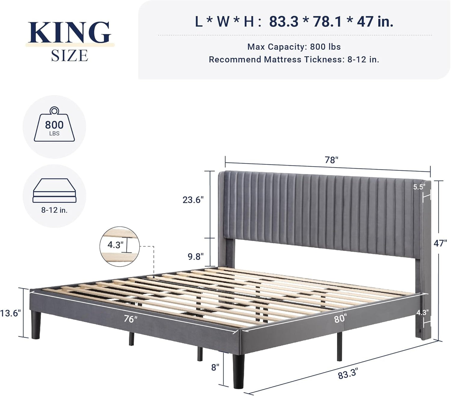 Allewie King Size Velvet Bed Frame/Vertical Channel Tufted Wingback Headboard/Upholstered Platform Bed/No Box Spring Needed/Strong Wooden Slats/Easy Assembly/Grey