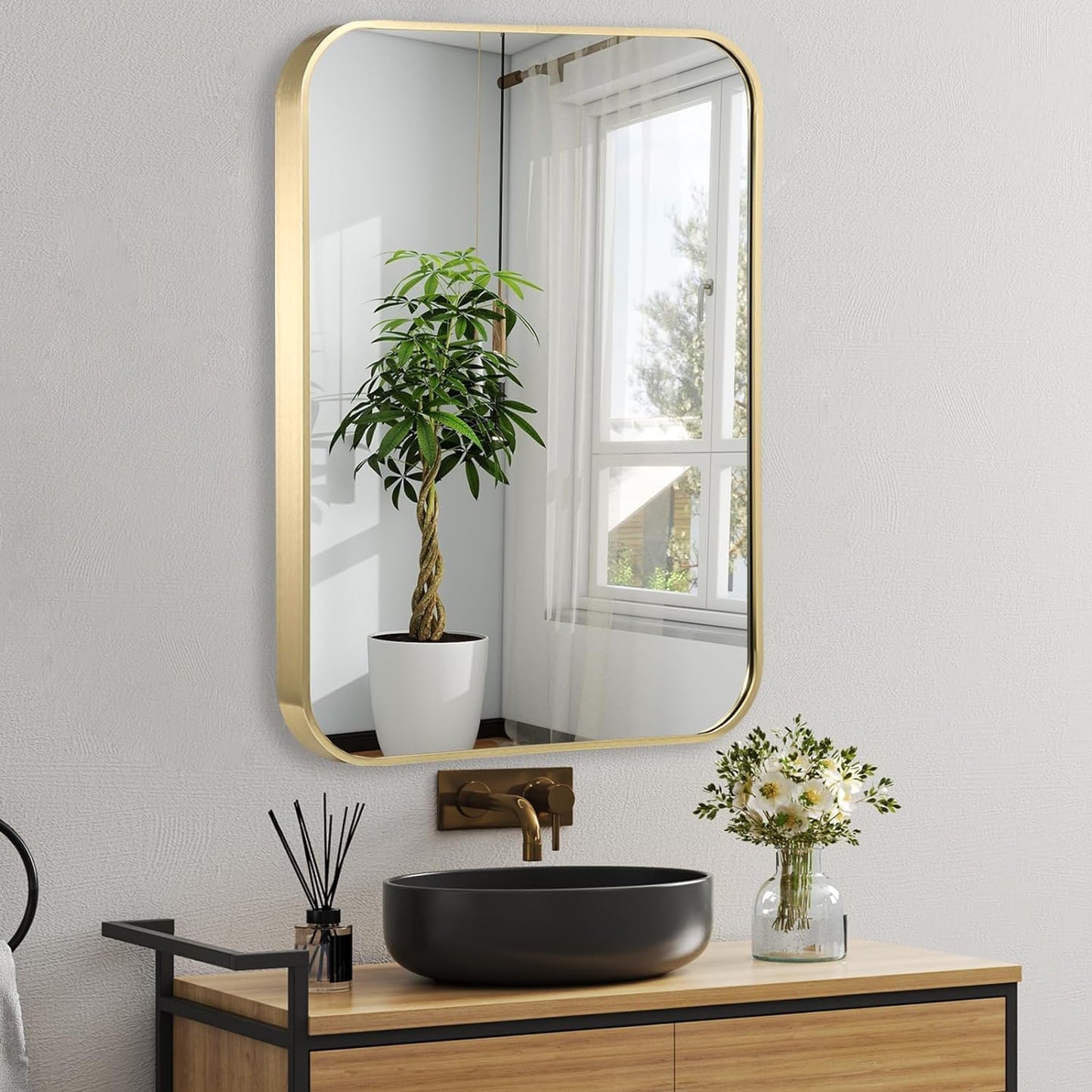 16x20 Inch Gold Bathroom Mirror, Brushed Brass Gold Metal Framed Rectangular Mirror with Rounded Corner, Bathroom Vanity Mirror for Bedroom or Living Room, Horizontal/Vertical