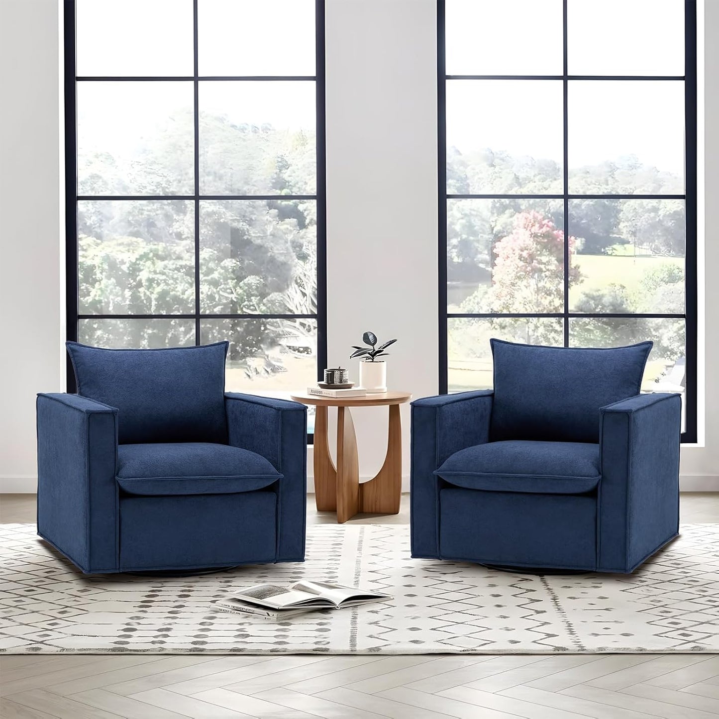 Swivel Accent Chair Set of 2, 34 Inches Wide Upholstered Arm Chair with Plump Back Pillow, Modern Sofa Living Room Chair for Bedroom, Corner, Reading Nook-Blue
