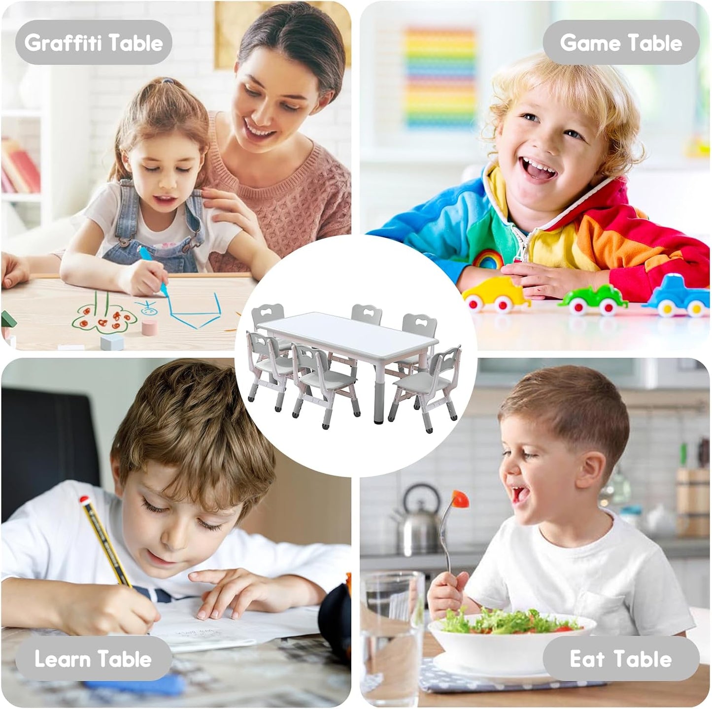 Kids Table and Chair Set, Snow Grey, Upgraded Plastic, 47.2x28.0 inches, Adjustable Height, Whiteboard Style, Includes 12 Color Pens