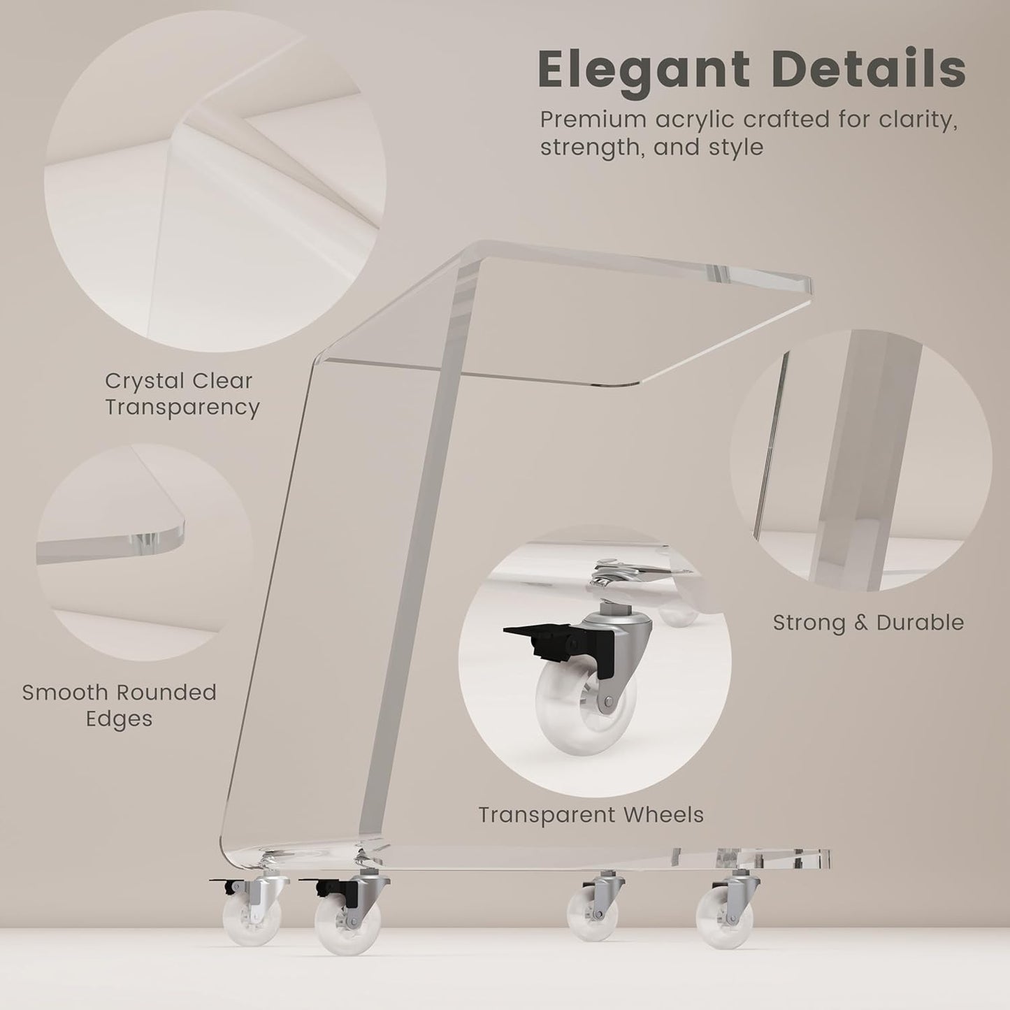 Modern Acrylic Side Table, Mobile C Shaped End Table for Sofa, Invisible Style Nightstand/Drink Tables/Snack Rolling Cart - Unique Stable Trapezoid Frame Design