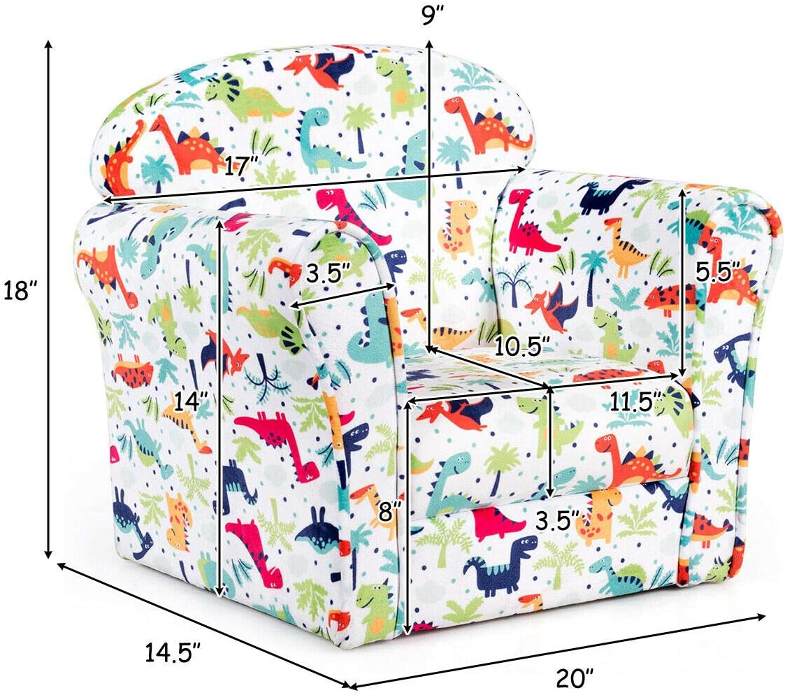 Costzon Kids Couch, Children's Sofa Armrest Chair with Pattern, Toddler Furniture w/Sturdy Wood Construction, Preschool, Lightweight Children Couch Sofa Chair for Aged 1-5 Boys & Girls Gifts, Dinosaur