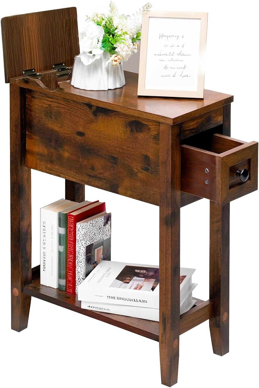 Chairside Table with Charger,Cherry End Table with Movable Top and Charging Station, Narrow Side Table with Storage Cabinet and USB, Sofa Table for Living Room Bedroom