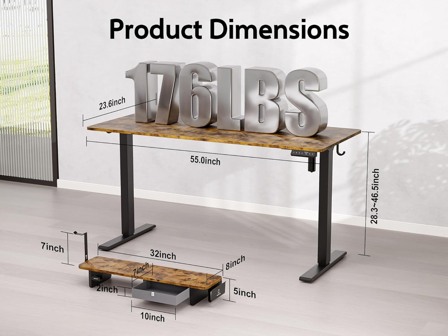 55x24 Inches Electric Standing Desk with Drawer and Monitor Stand, Height Adjustable Stand up Desk for Home Office, Ergonomic Sit to Stand Desk with Phone Holder, 3 Hooks, Rustic Brown
