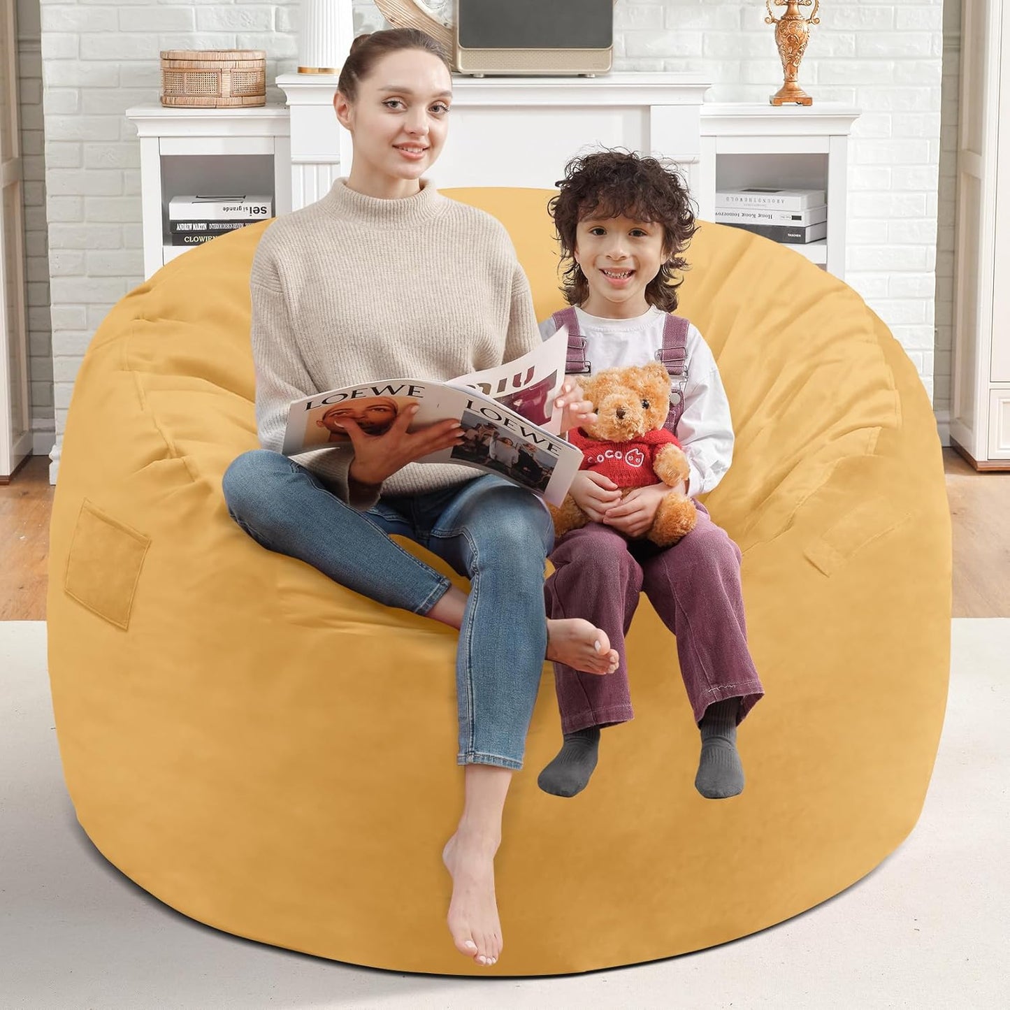 3FT Bean Bag Chair, Comfy Bean Bag Chairs with Memory Foam Filled, Fluffy Beanbag Sofa with Dutch Velvet Cover, Round BeanBag Chairs for Living Room, Playroom - Mustard