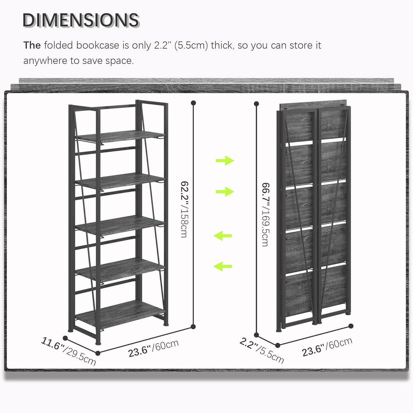 4NM No Assembly Folding Bookshelf, 5-Shelf 62.2" H Collapsible Foldable Bookcase Storage for Small Spaces, Gray and Black