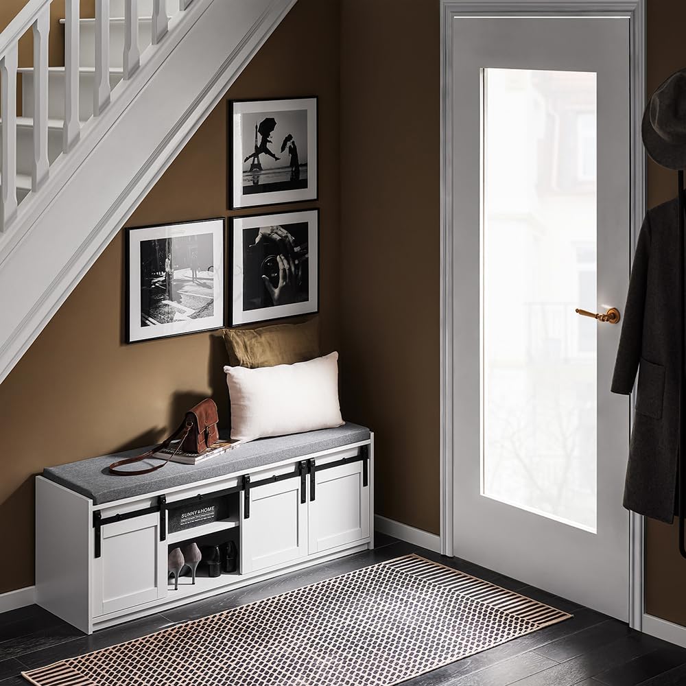 Haotian Industrial Style Shoe Storage Bench, Entryway Hallway Shoe Cabinet, Sliding Barn Doors, Drawer & Padded Seat Cushion, Rustic Window Bench for Mudroom (White) FSR198-W