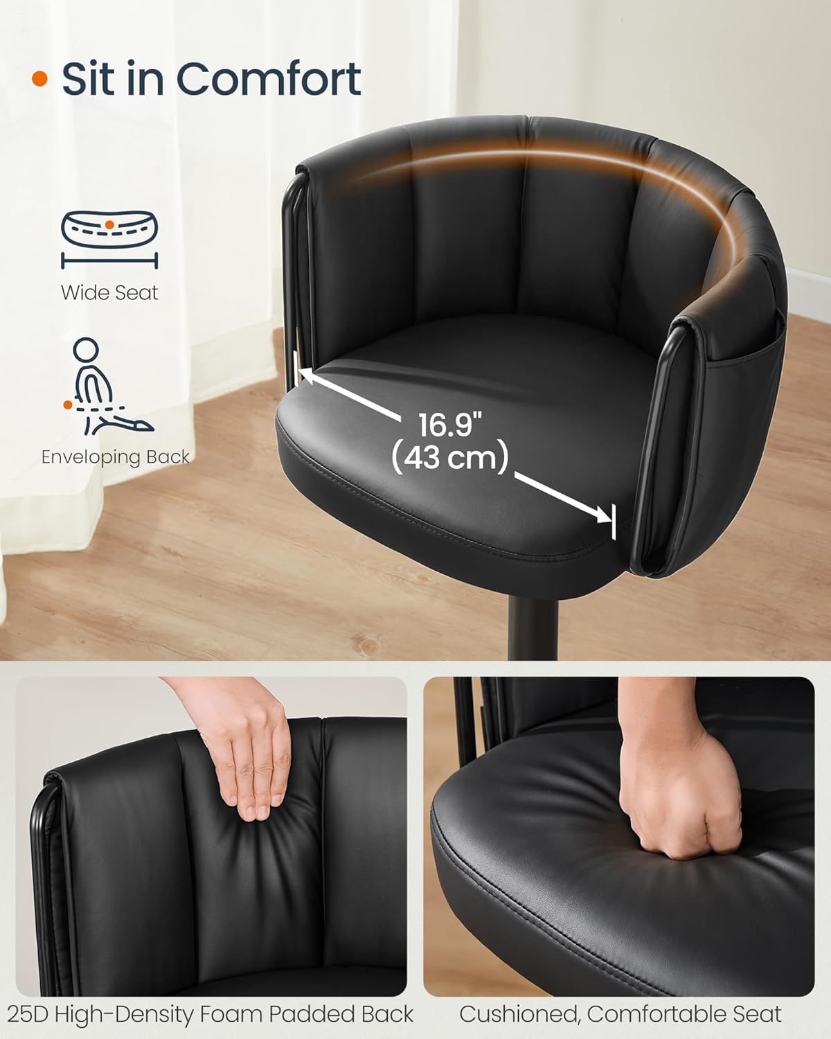 SONGMICS Home 360° Swivel Bar Stools Set of 2, Height Adjustable Barstools with Curved Back, Upholstered Counter Bar Stools with Footrest, Large Base, for Kitchen Island, Modern, Ink Black ULJB103B01