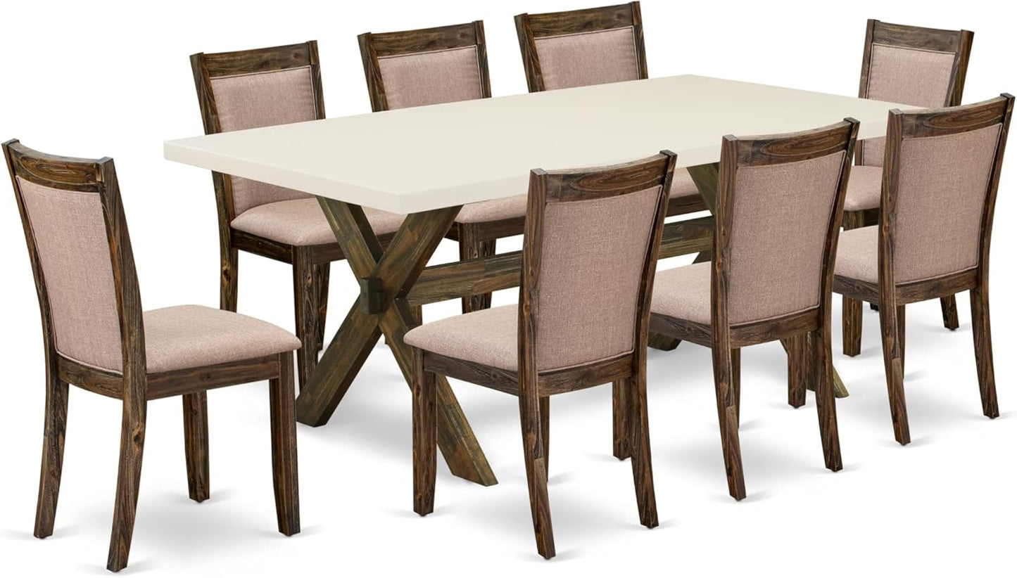 East West Furniture X727MZ716-9 9 Piece Dining Room Table Set Includes a Rectangle Dining Table with X-Legs and 8 Dark Khaki Linen Fabric Upholstered Chairs, 40x72 Inch, Multi-Color