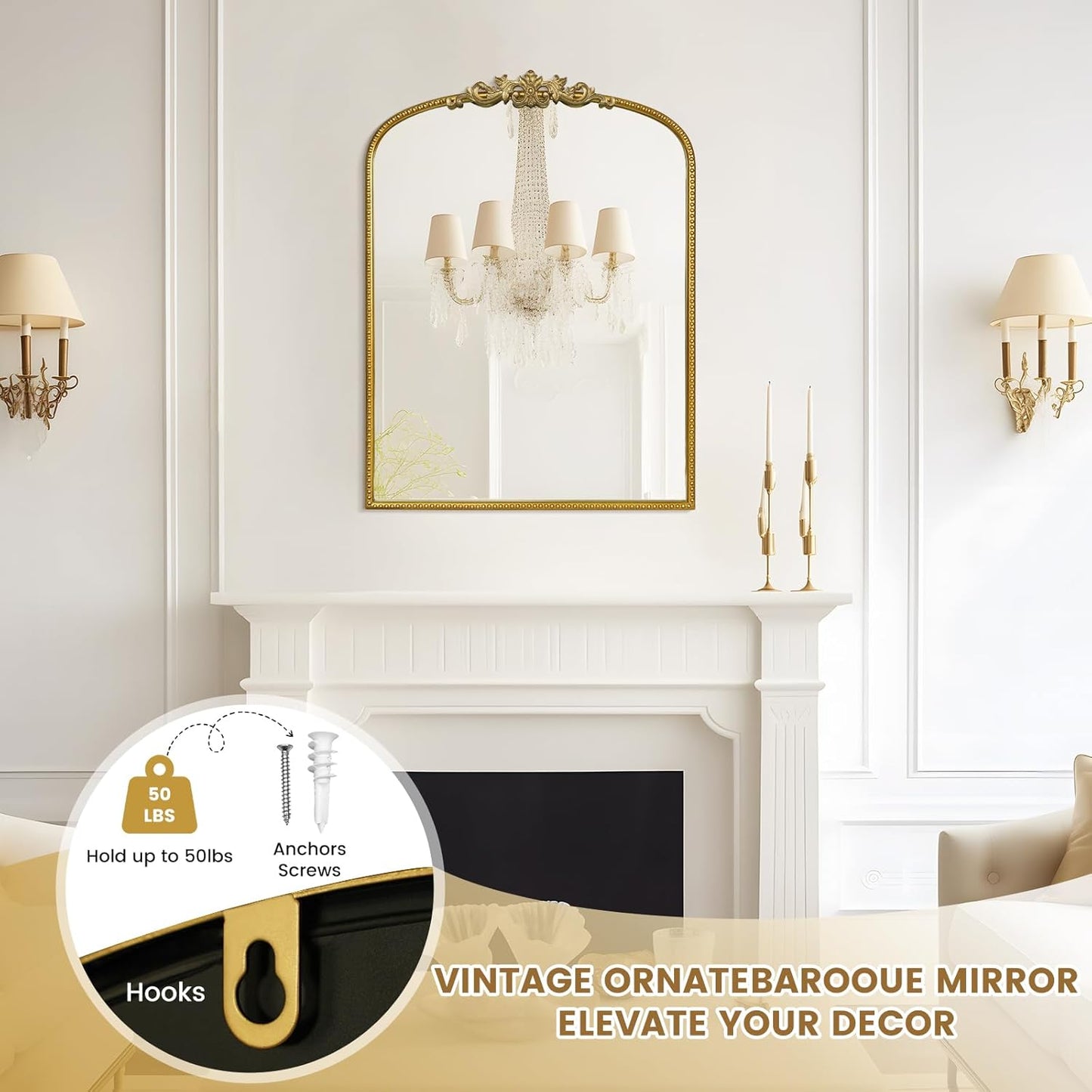 WallBeyond Gold Vintage Mirror - 24x32 Inch, Arched Antique Mirror with Ornate Frame for Bathroom, Living Room, Fireplace, Entryway