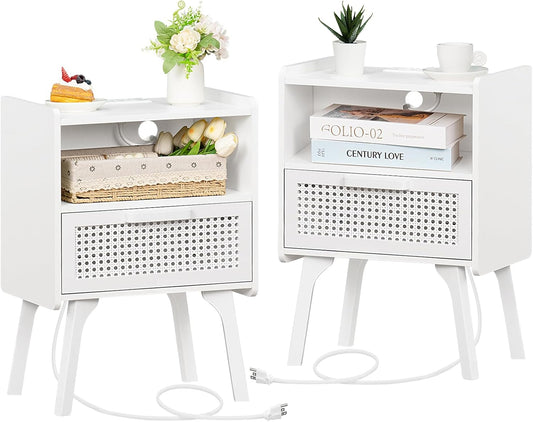 Lerliuo Rattan Nightstands set of 2 with Charging Station, Side Table with Drawer Open Shelf, Cane Accent Bedside End Table with Solid Wood Legs, Night Stand for Bedroom, Dorm and Small Spaces (White)