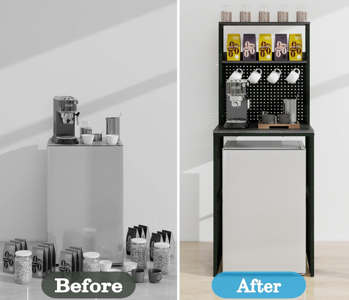 Mini Fridge Stand Shelf with Storage, Bakers Rack Coffee Bar Table Microwave Oven Stand with Mini Fridge Space for Home Kitchen Dorm, Slate Grey