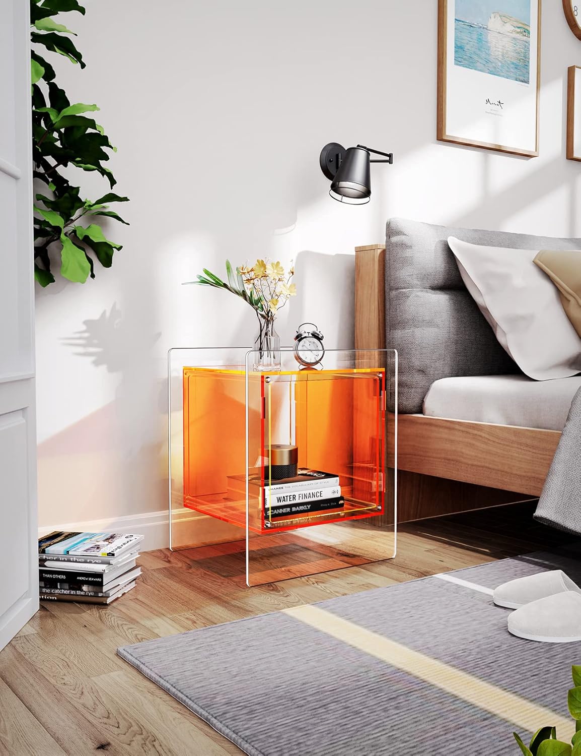 Acrylic Nightstand Colorful Bedside Table with Open Storage Shelf,Clear Side Table for Living Room (1, Orange)