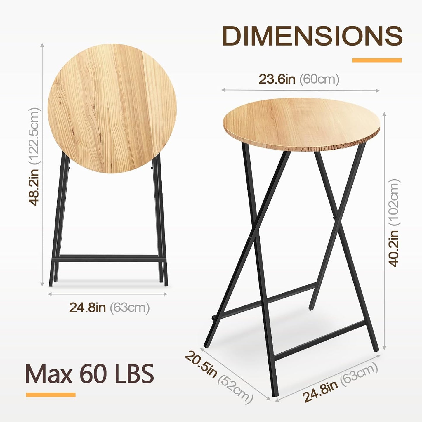 40'' Outdoor Bar Height Patio Table, Wooden Folding Cocktails Tables One-Piece Installation Indoor Outside Banquet Table for Parties, Bistro, Pub, Commercial