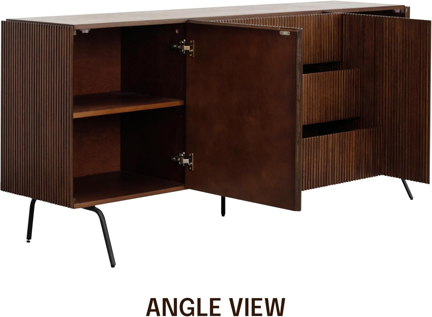 NTC Veil Sideboard with 2 Doors and 3 Drawers, Buffet Cabinet with Vertical Groove Design and Metal Legs, Storage Cabinet for Living Room, and Entryway, Effortless Assembly - Dark Walnut