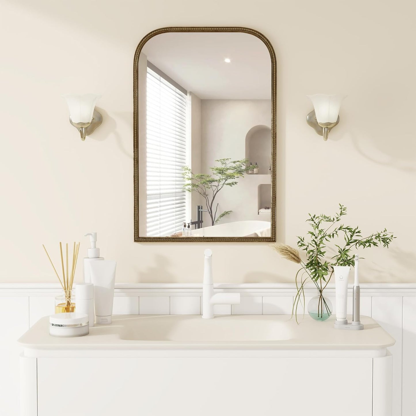 Axeman 32x48 Rounded Rectangular Wall Mirror, Decorative Bathroom Mirror, Traditional Vintage Wall Mounted Mirror with Beaded Frame for Accent Living Room Vanity Bedroom Entryway, Bronze