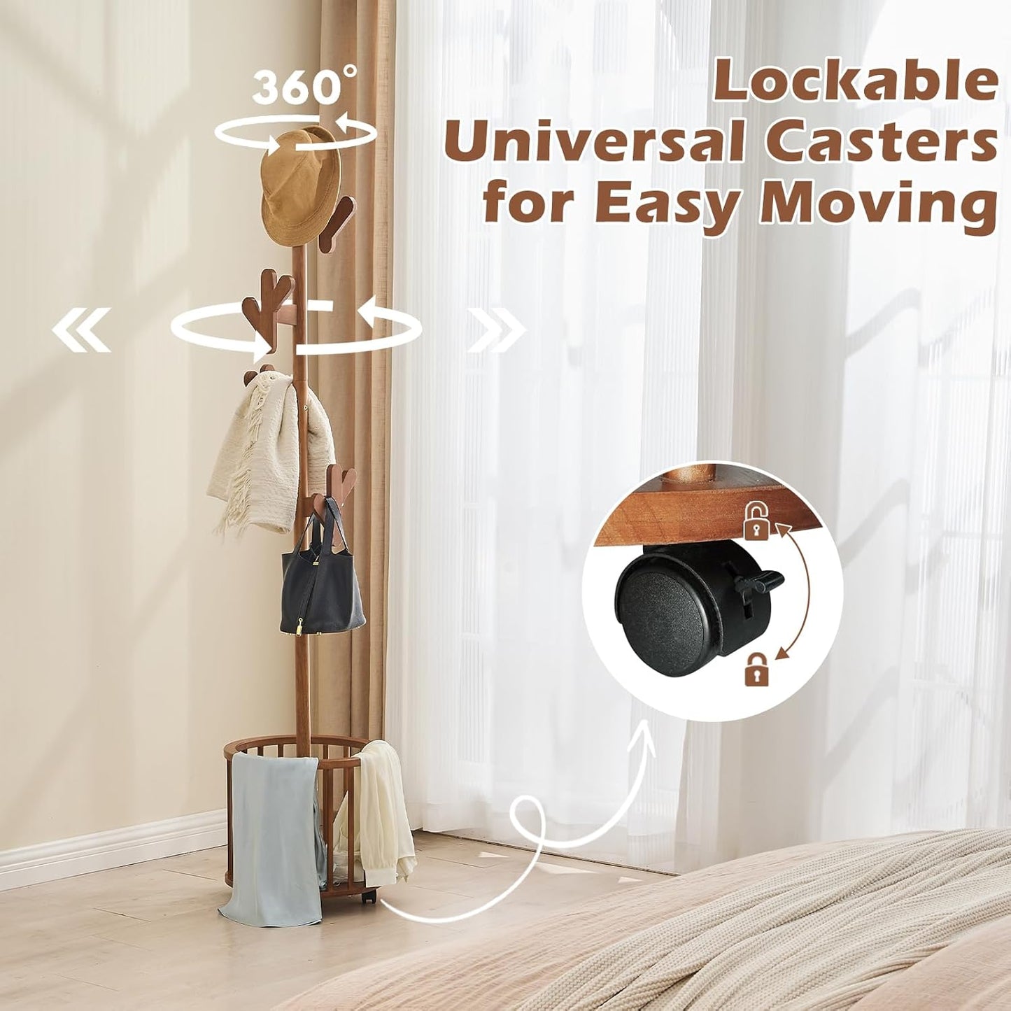 CozyDH Solid Wood Coat Rack Freestanding with Lockable 360° Rotary Casters, Coat Tree Stand with Umbrella Holder & Laundry Basket Storage & 12 Hooks, Walnut